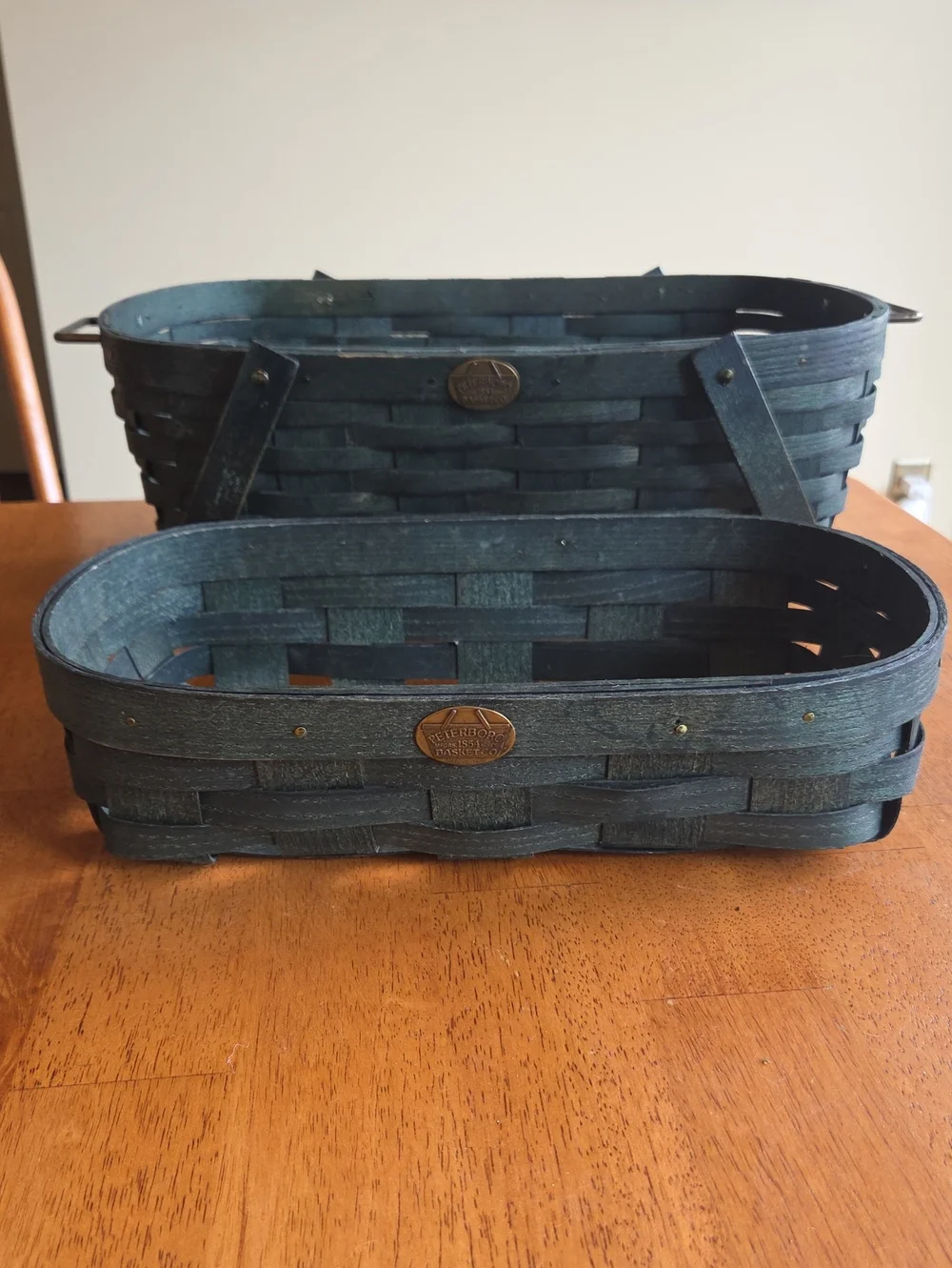 Peterboro Forest Green Oval Woven Wood Baskets with Brass Medallions - Set